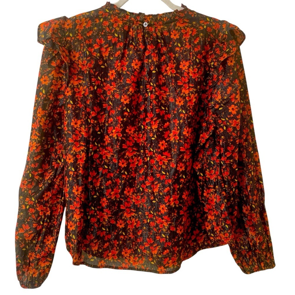 Gap Blouse Womens Medium Dark Floral Metallic Ruffle Neck Whimsigoth - Picture 2 of 12